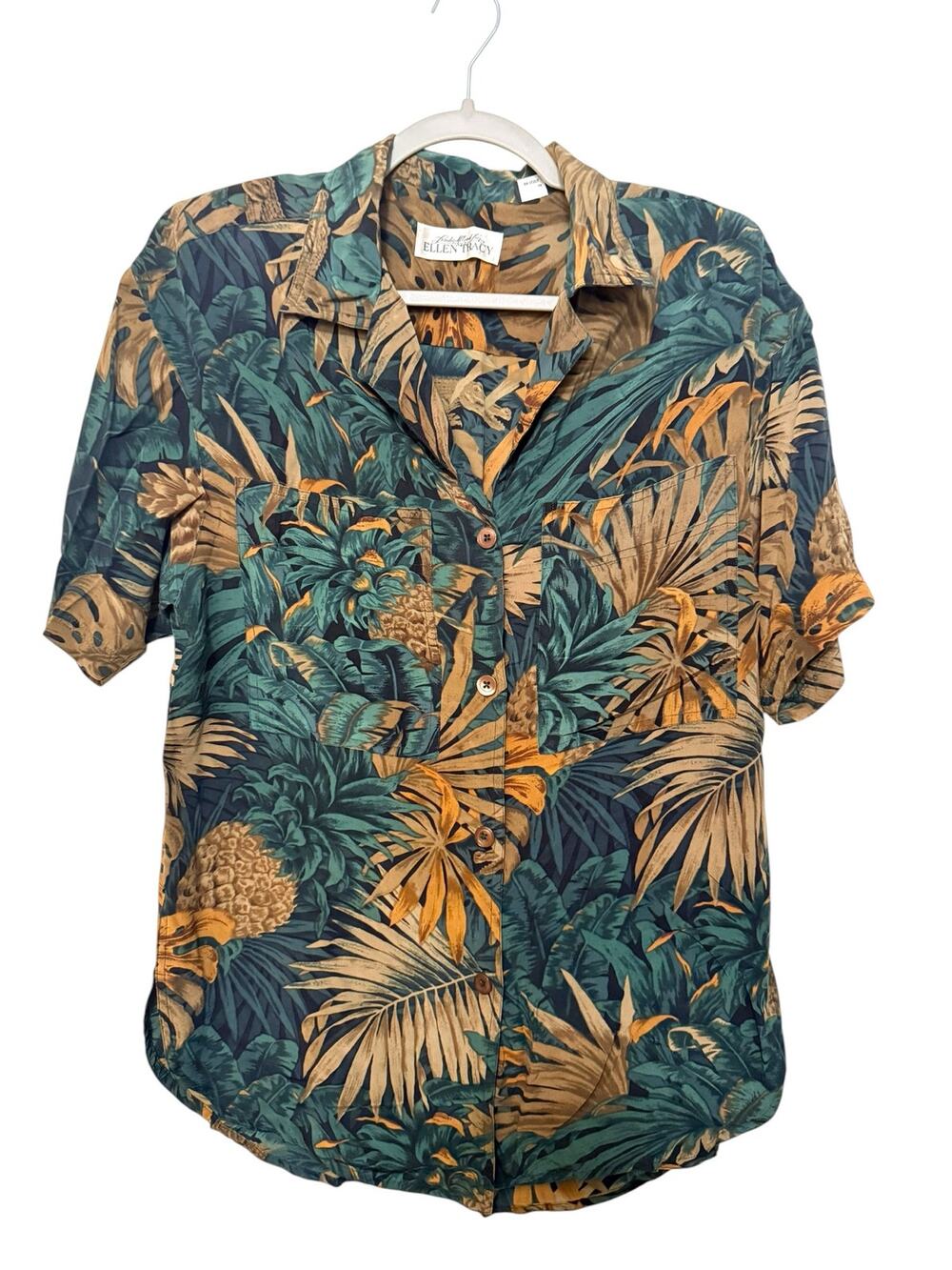 Vintage Linda Allard Ellen Tracy Women 6 100% Silk Blouse Tropical 90's